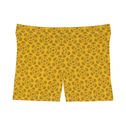 Alien Pattern Womens Shorts for Casual Summer Days Beach Wear Festival Outfit Relaxed Style Alien Flowers Yellow