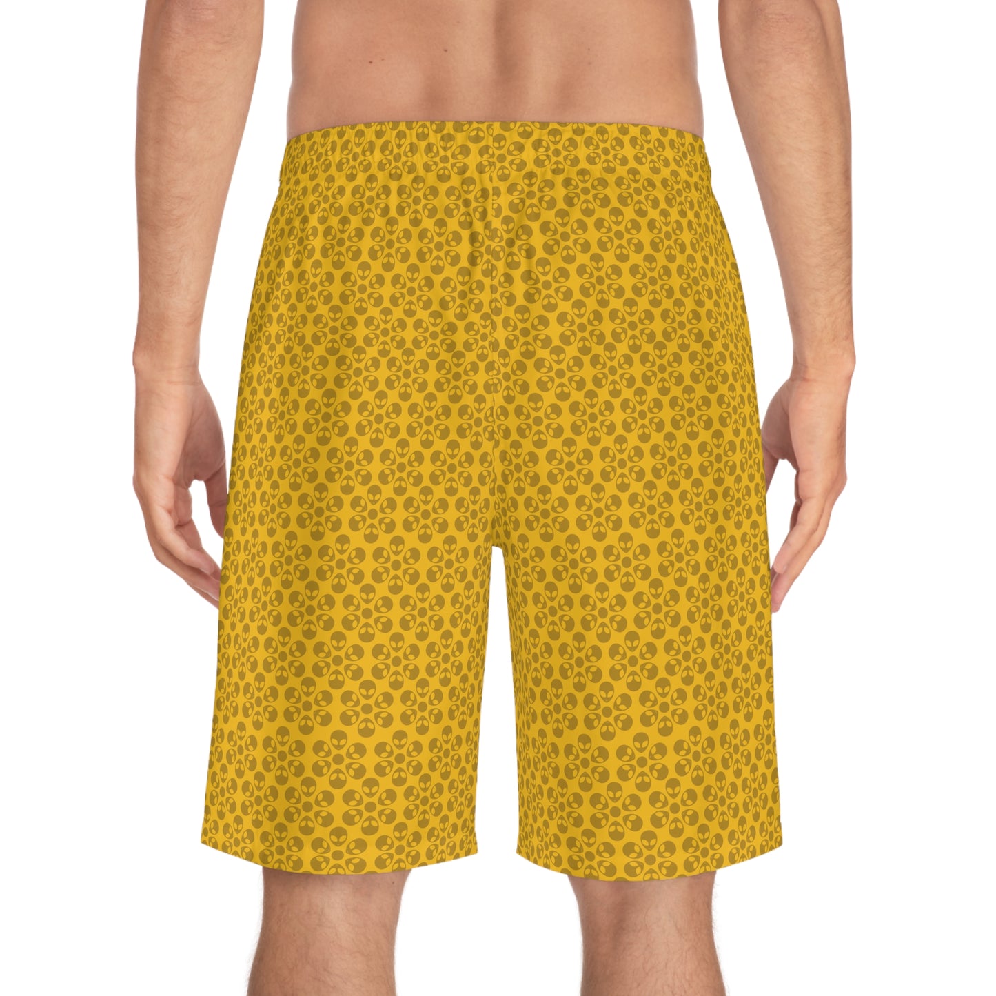 Mens Floral Print Board Shorts Summer Swimwear Beach Attire Vacation Ready Casual Everyday Shorts Alien Flowers Yellow