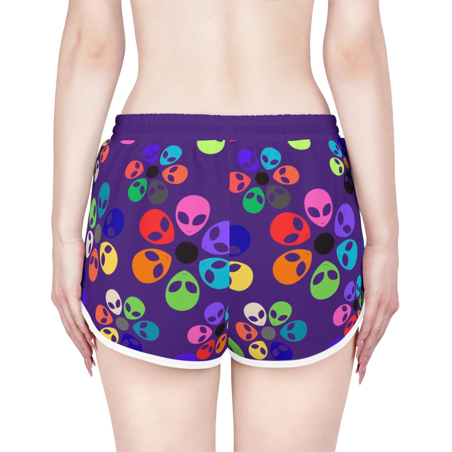 Colorful Alien Flower Print Womens Relaxed Shorts Summer Loungewear Beachwear Festival Outfit Casual Comfort Alien Rainbow Flowers Purple