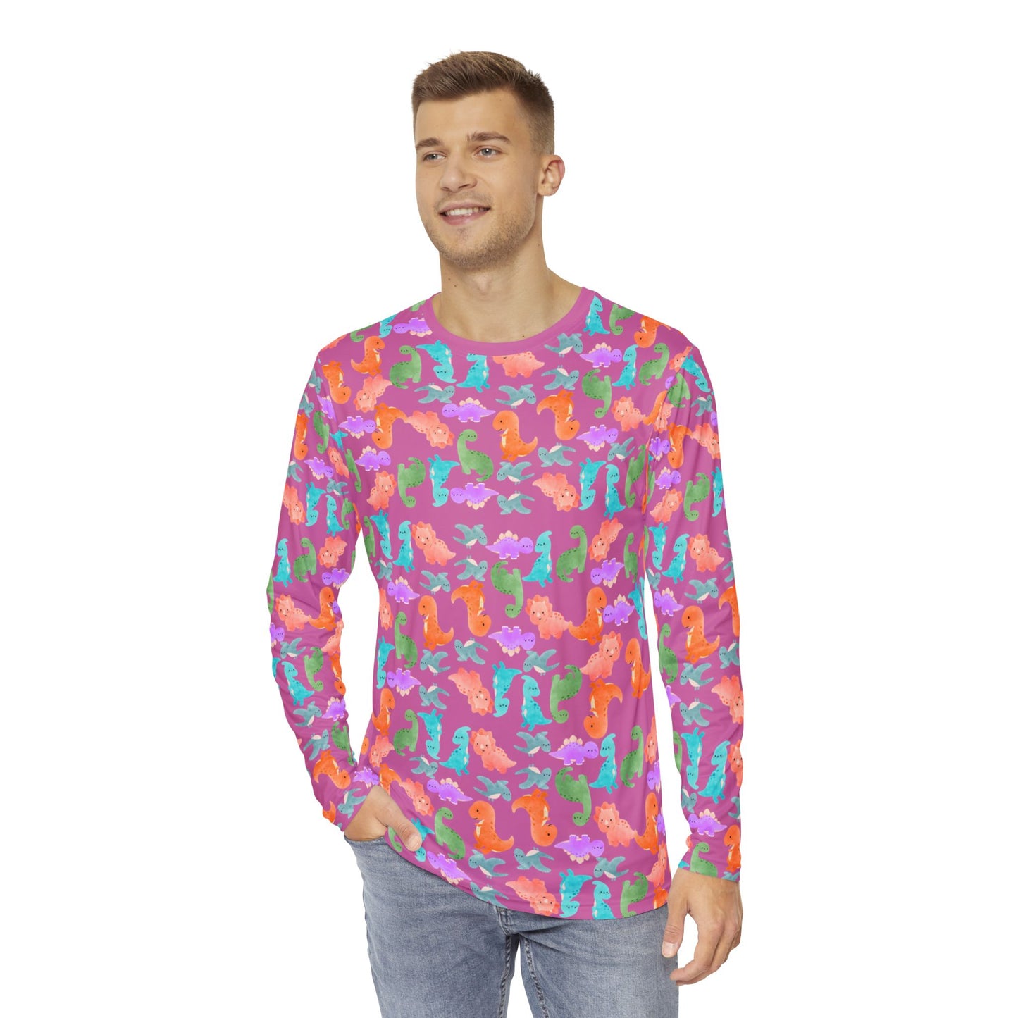 Cute Dino Print Mens Long Sleeve Shirt AOP Tee Tropical Beachwear Gift for Sea Lovers Summer Shirts for Men Rainbow Dinos Light Pink