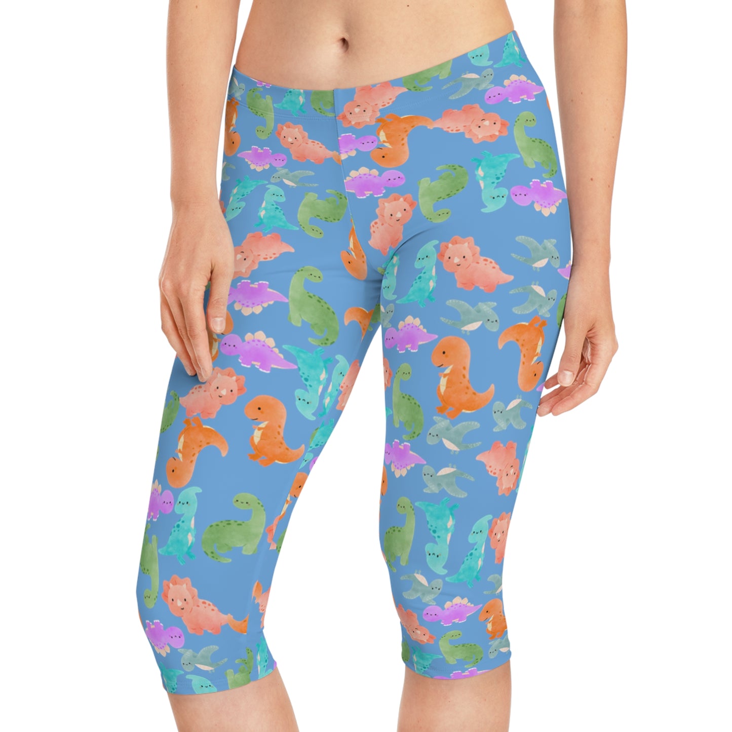 Playful Dino Print Womens Capri Leggings Cute Stretchy Pants for Yoga Casual Outfits Loungewear Gift for Her Rainbow Dinos Light Blue