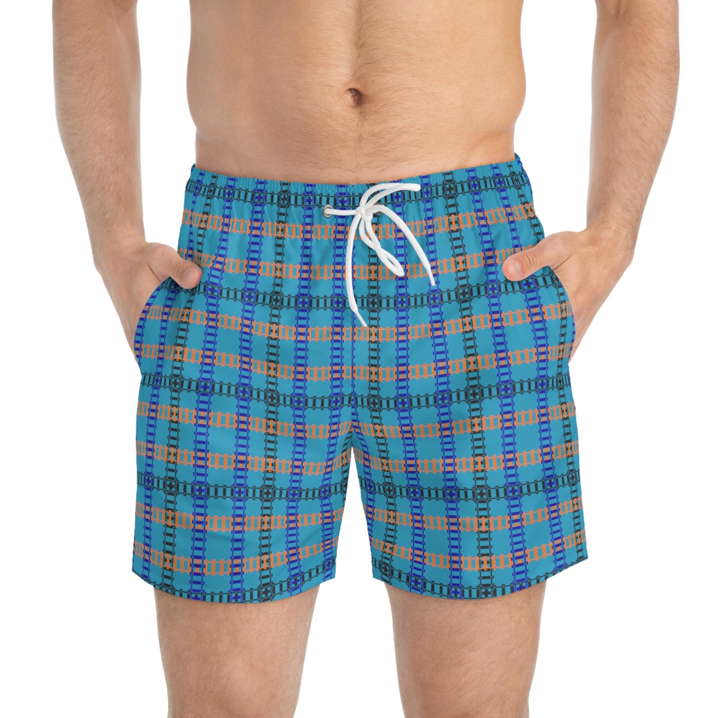 Vibrant Checkered Swim Trunks Beachwear for Summer Fun Vacation Essential Pool Party MustHave Mens Swim Shorts Train Tracks Turquoise