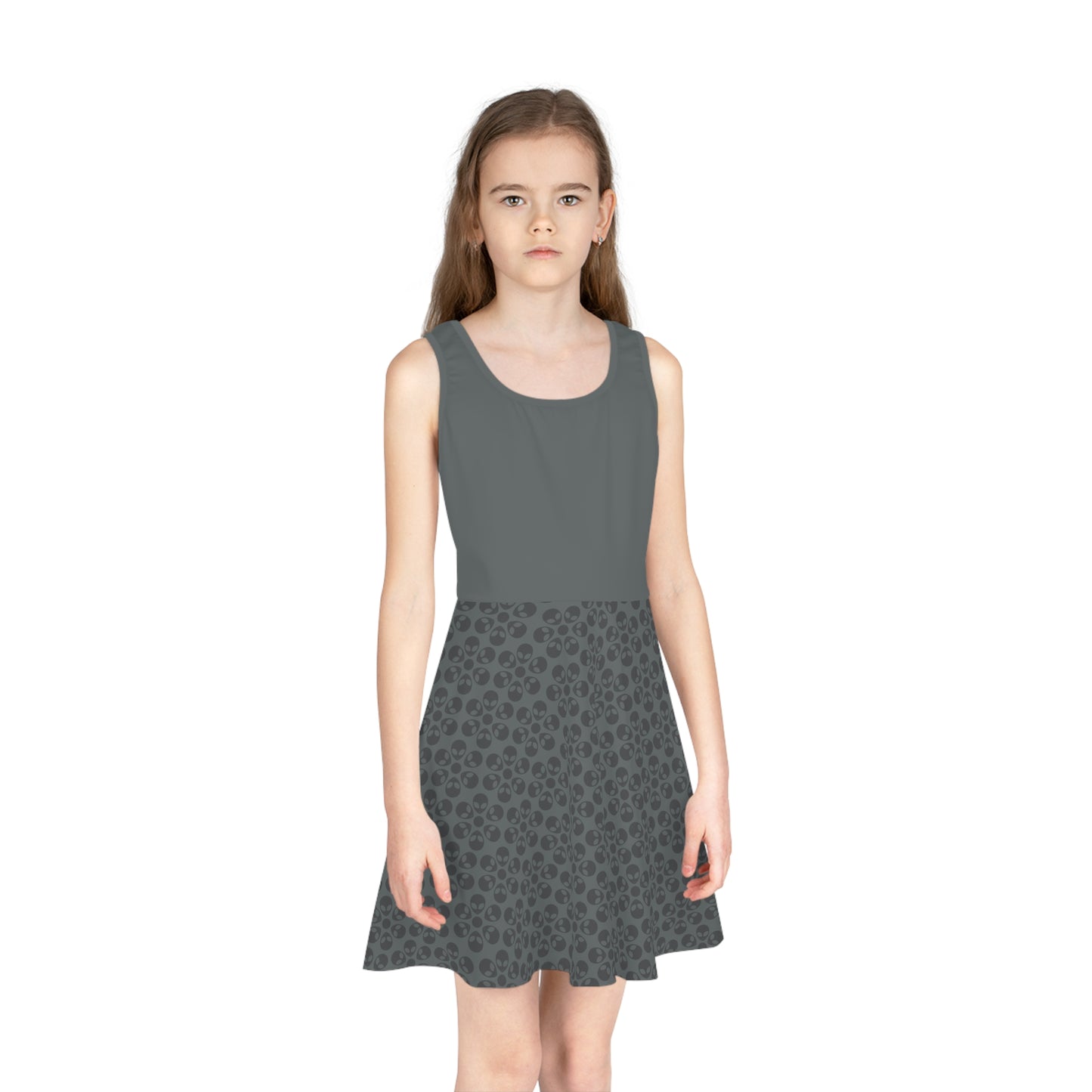 Girls Floral Sleeveless Sundress Cute Summer Dress Kids Fashion Birthday Outfit Playful Floral Pattern Spring Dress Alien Flowers Dark Grey