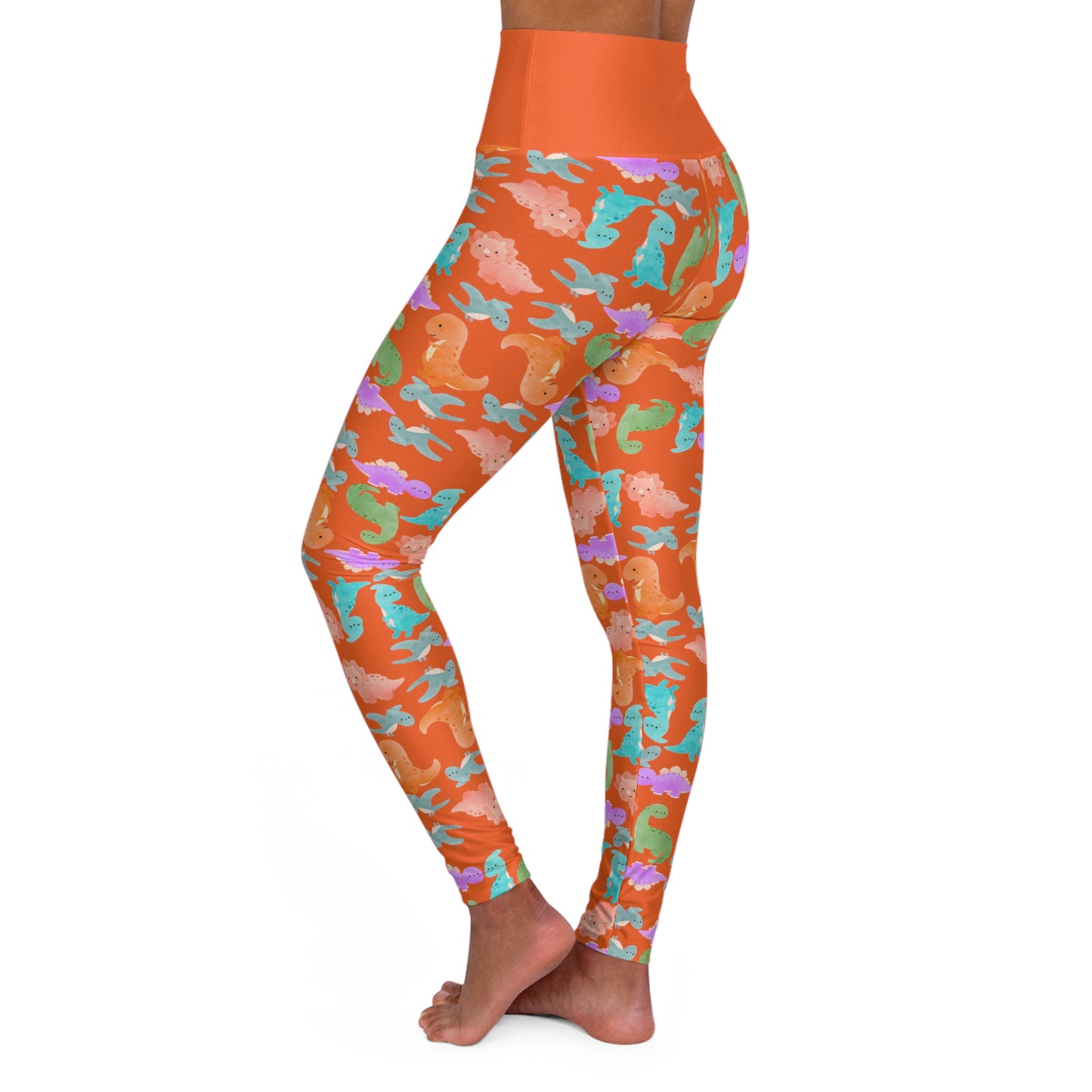 Whimsical Dinosaur Print Yoga Leggings High Waisted Fitness Leggings Party Wear Cute Workout Pants Trendy Sports Leggings Gifts for Her Rainbow Dinos Orange