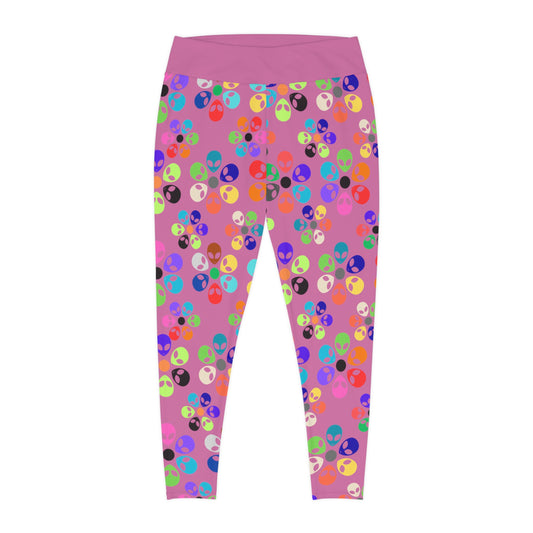 Colorful Alien Print Plus Size Leggings Fun Fashion Plus Size Activewear Casual Wear Unique Gift Festival Pants Alien Rainbow Flowers Light Pink