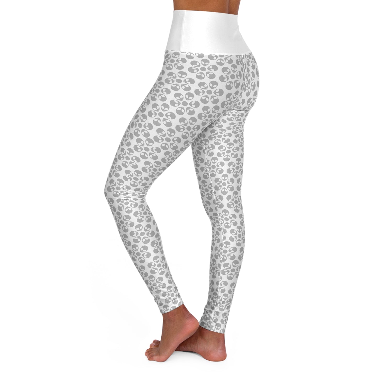 Stylish High Waisted Yoga Leggings Activewear Fitness Leggings Workout Pants Gift for Her Yoga Apparel Alien Flowers White