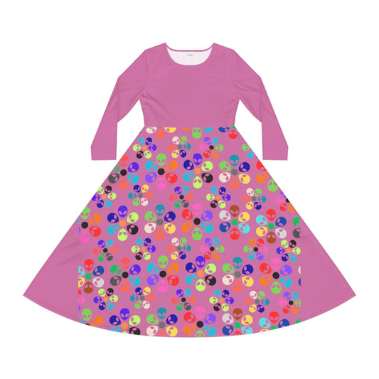 Vibrant Womens Long Sleeve Dance Dress Colorful Floral Style Perfect for Dance Parties Celebrations BohoChic Fashion Alien Rainbow Flowers Light Pink