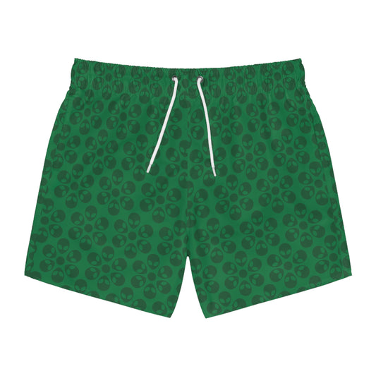 Stylish AOP Swim Trunks for Beach Days Summer Fun Pool Parties Vacation Wear Gift for Him Alien Flowers Dark Green
