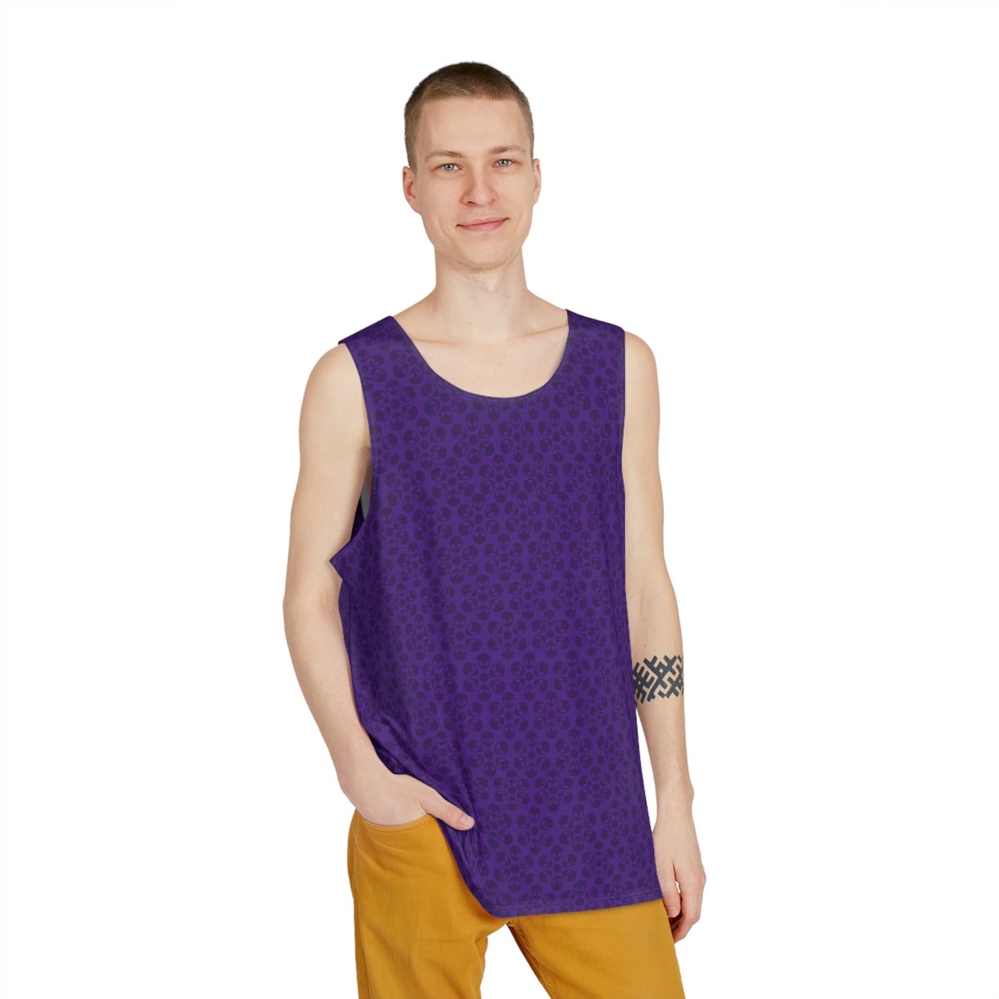 Stylish Mens Tank Top  AOP Leopard Print Summer Wear Fitness Gear Casual Apparel Trendy Vacation Outfit Alien Flowers Purple