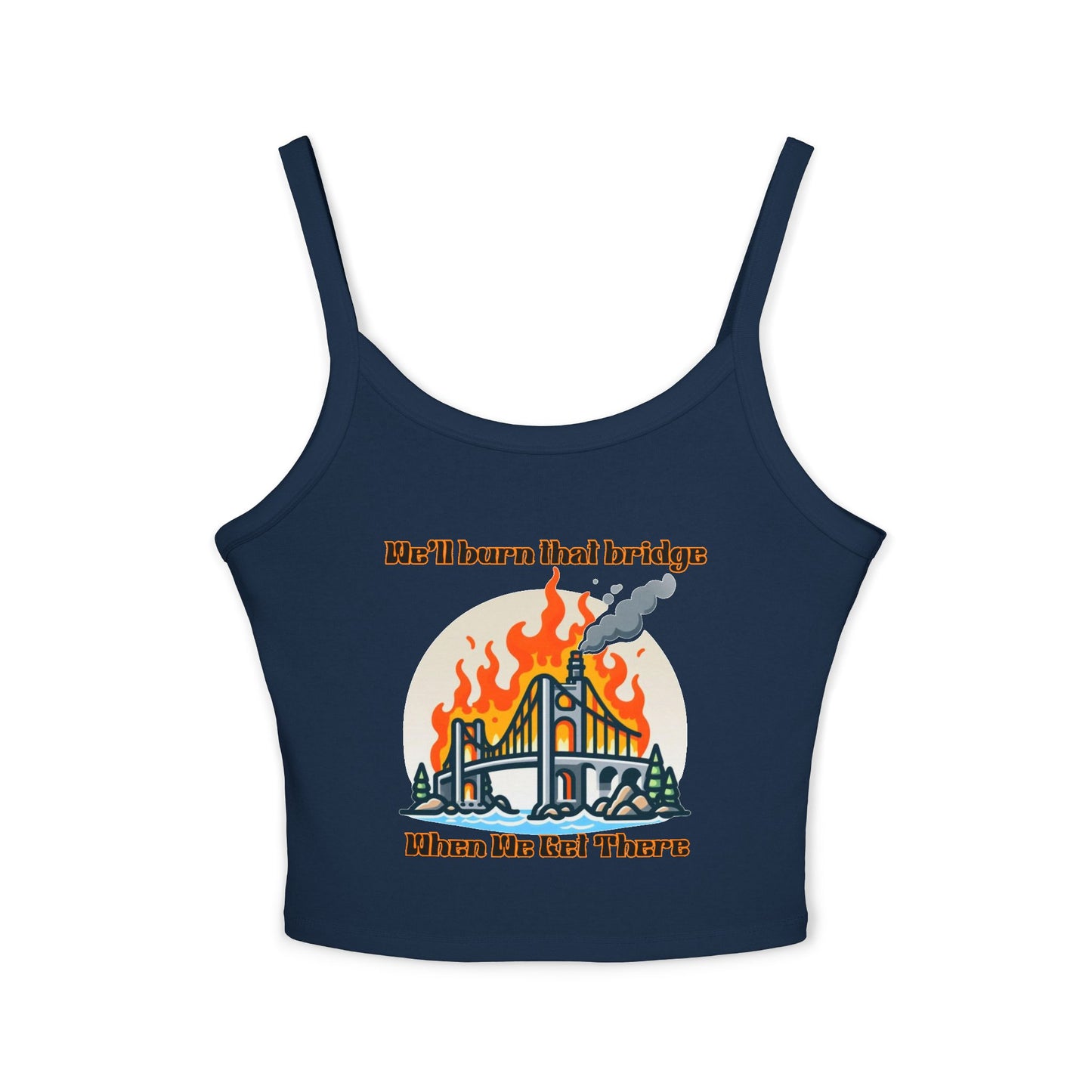 Fire Bridge Graphic Spaghetti Strap Tank Top - Casual Summer Apparel for Fun Days Out