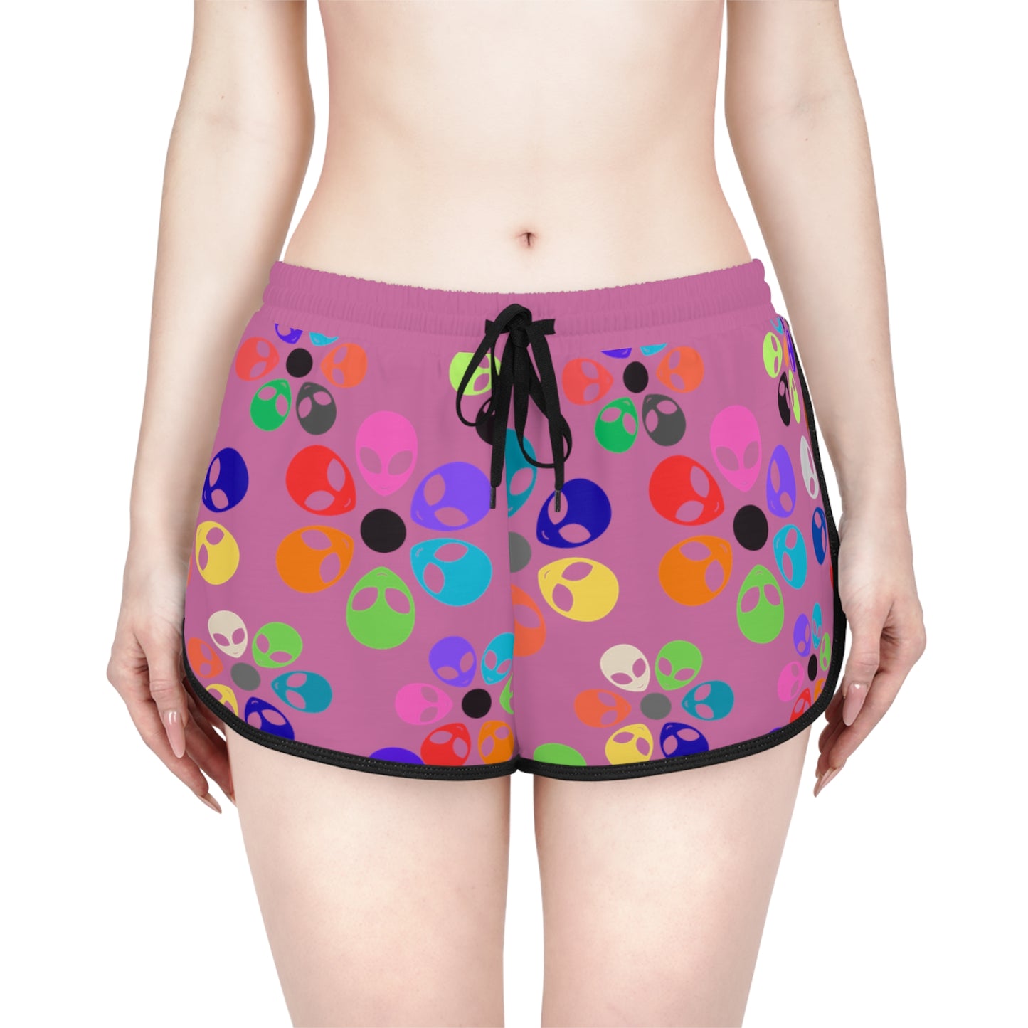 Colorful Alien Flower Print Womens Relaxed Shorts Summer Loungewear Beachwear Festival Outfit Casual Comfort Alien Rainbow Flowers Light Pink
