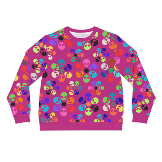 Colorful Alien Print Lightweight Sweatshirt Fun Casual Wear Unique Gift Festival Fashion Cozy Style Everyday Comfort Alien Rainbow Flowers Pink