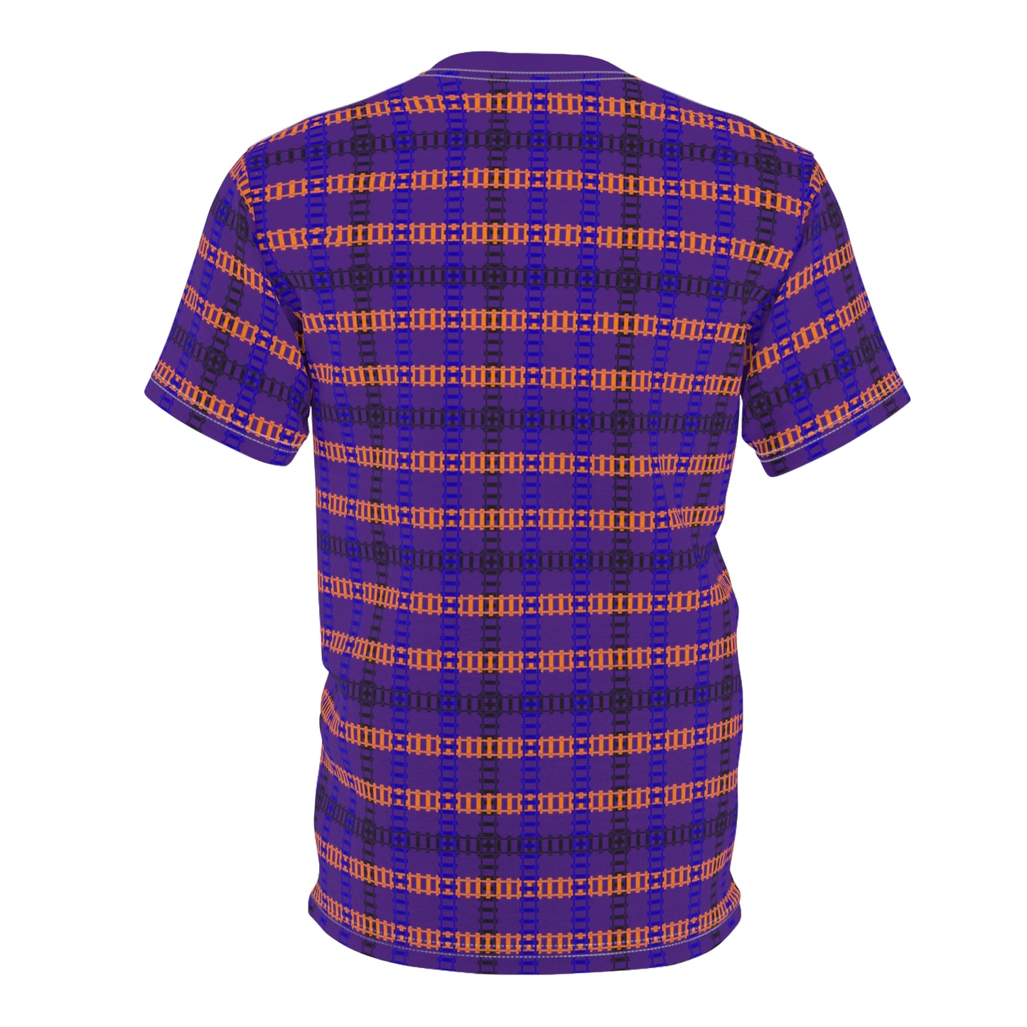 Stylish Plaid Unisex Tee for Everyday Wear Casual Graphics Tee Unique Patterned TShirt Trendy Streetwear Top Perfect Gift for Friends Train Tracks Purple