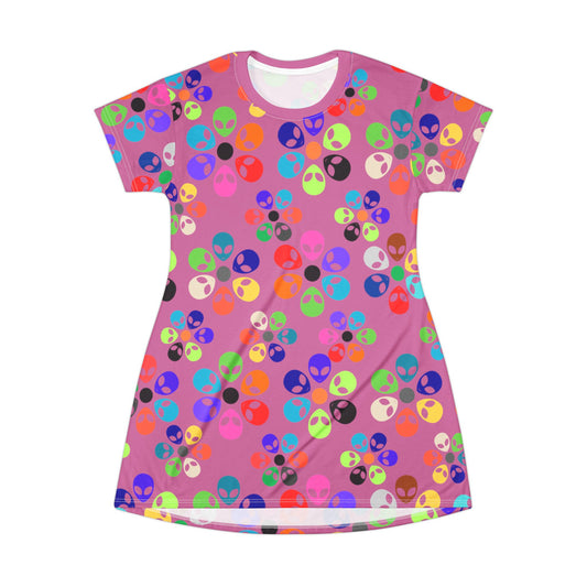 Colorful Alien TShirt Dress | Fun Casual Wear Summer Dress Festival Outfit Gift for UFO Lovers Unique Print Alien Rainbow Flowers Light Pink