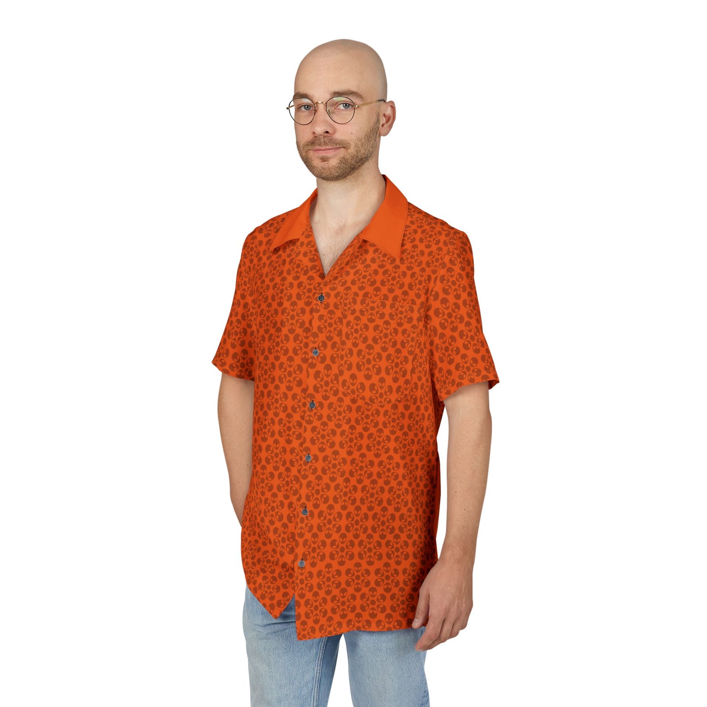 Unisex Hawaiian ButtonDown Shirt  Tropical Vibe Summer Apparel Beachwear Vacation Outfit Casual Wear Alien Flowers Orange