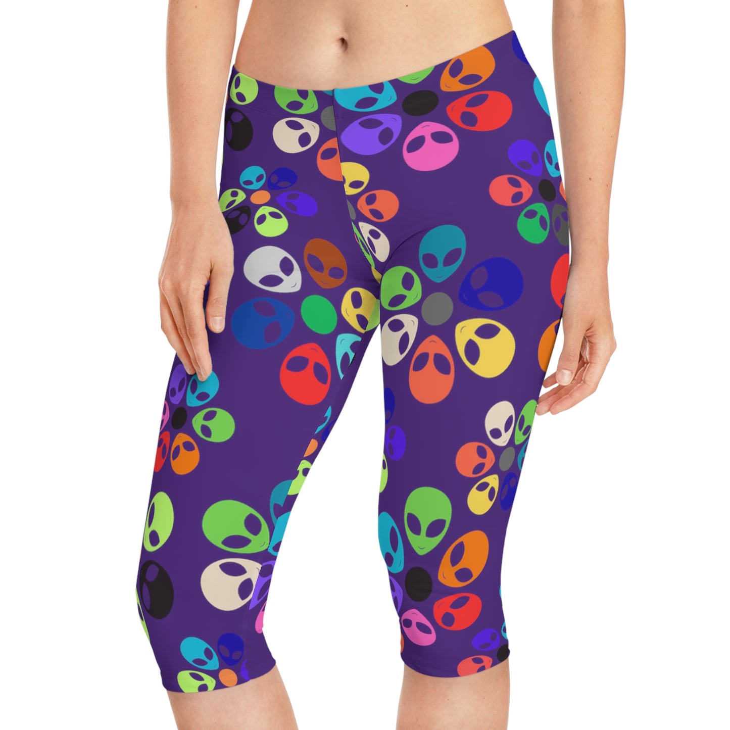 Colorful Alien Floral Capri Leggings Fun Fitness Pants Yoga Wear Unique Beachwear Festival Style Casual Summer Outfit Alien Rainbow Flowers Purple