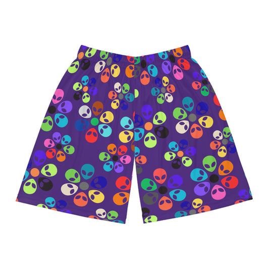 Colorful Alien Print Basketball Shorts Funky Athletic Wear Unisex Summer Shorts Trendy Sports Gear Fun Gift for Friends Alien Rainbow Flowers Purple