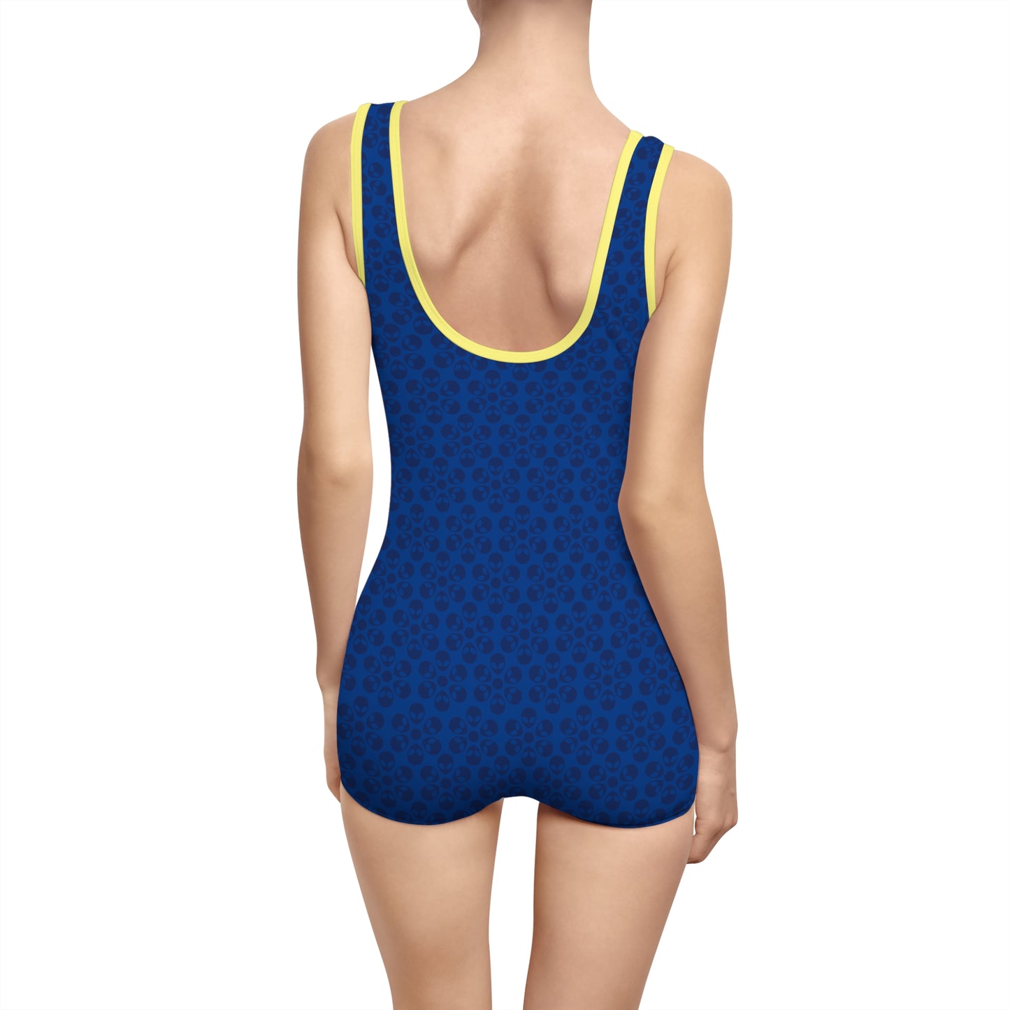 Womens Vintage Swimsuit  Alien Flowers Dark Blue