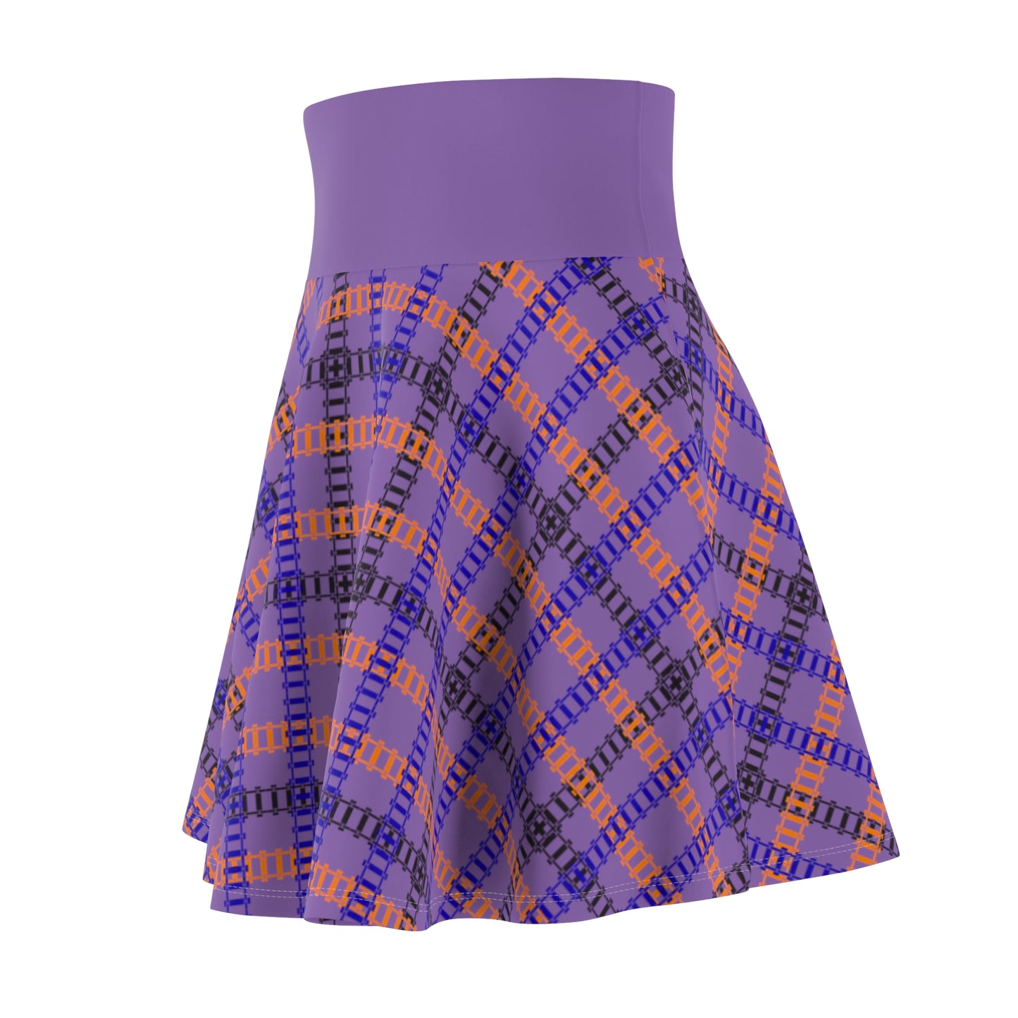 Stylish Womens Plaid Skater Skirt Trendy AOP Skirt Casual Everyday Wear Festive Outfit Summer Fashion 90s Vintage Inspired Train Tracks Light Purple