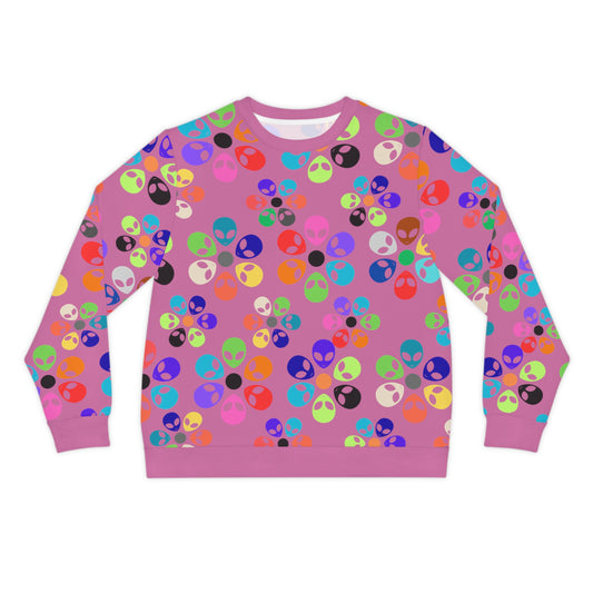 Colorful Alien Print Lightweight Sweatshirt Fun Casual Wear Unique Gift Festival Fashion Cozy Style Everyday Comfort Alien Rainbow Flowers Light Pink