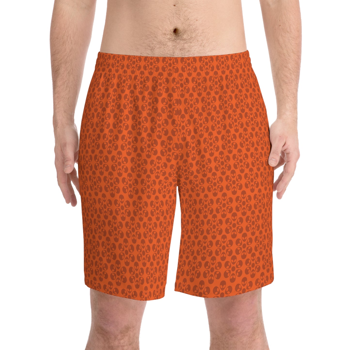 Mens Elastic Beach Shorts  Alien Flowers Orange