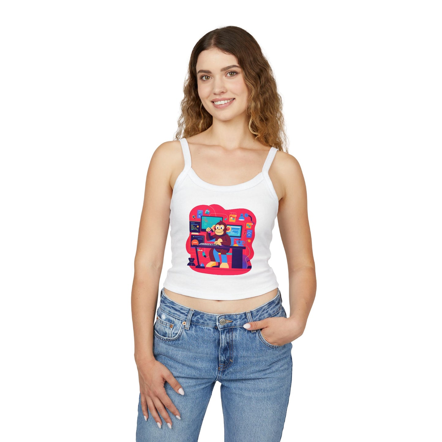 Playful Monkey Graphic Spaghetti Strap Tank Top - Fun Casual Wear, Summer Beach, Gift for Animal Lovers, Cute Pajama Top, Creative [...]