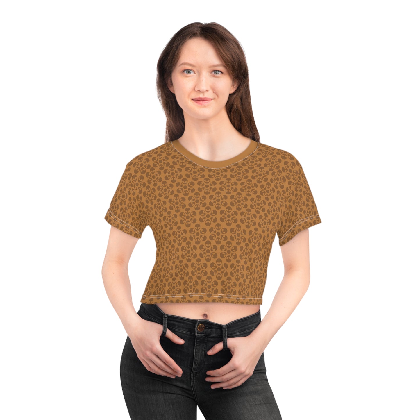 Feminine Floral Crop Tee Trendy Summer Top Aesthetic Graphic Shirt Casual Outfit Unique Gift for Her Vintage Style Tee Alien Flowers Light Brown