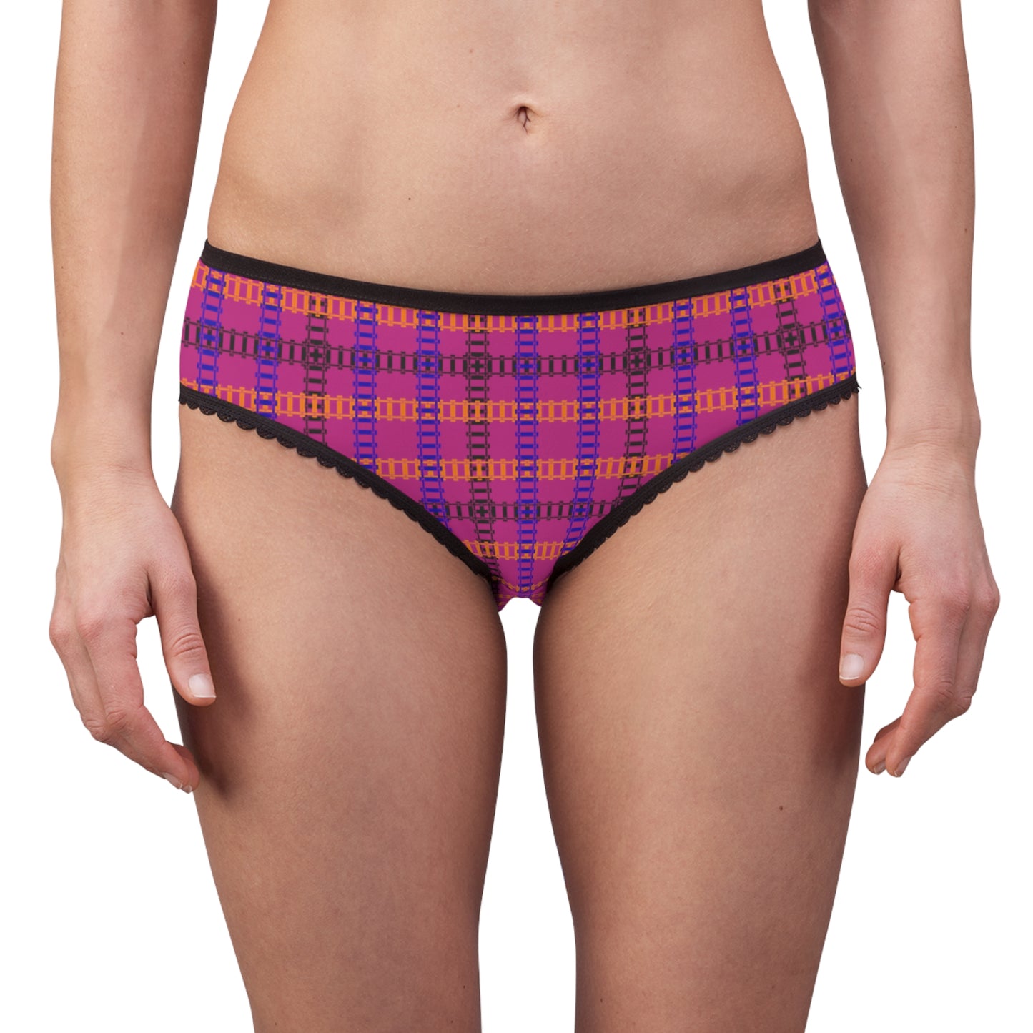 Colorful Patterned Womens Briefs with Lace Trim Comfortable Everyday Panties Unique Gifts for Her Fashionable Loungewear Fun and [...] Train Tracks Pink
