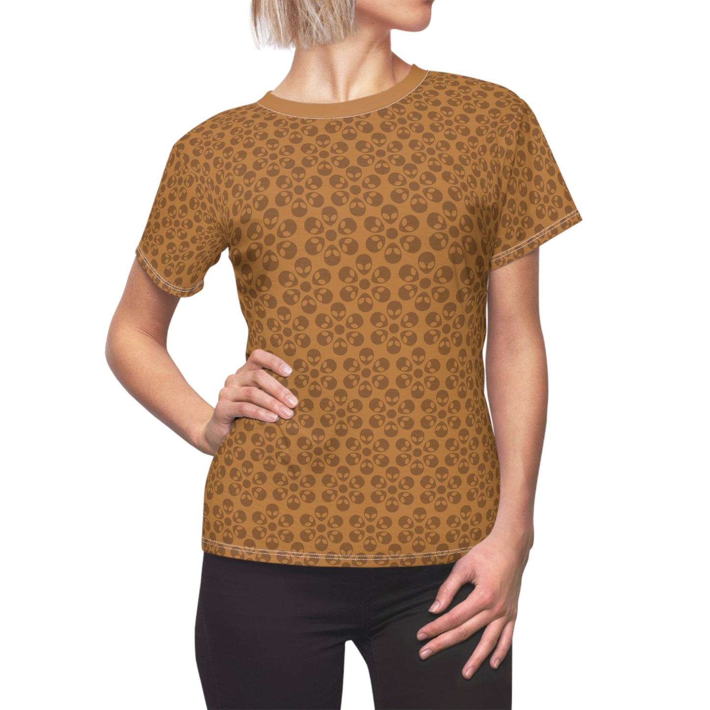 Stylish Womens Floral Tee  Casual Trendy Summer Fashion Gift for Her Short Sleeve Top Alien Flowers Light Brown