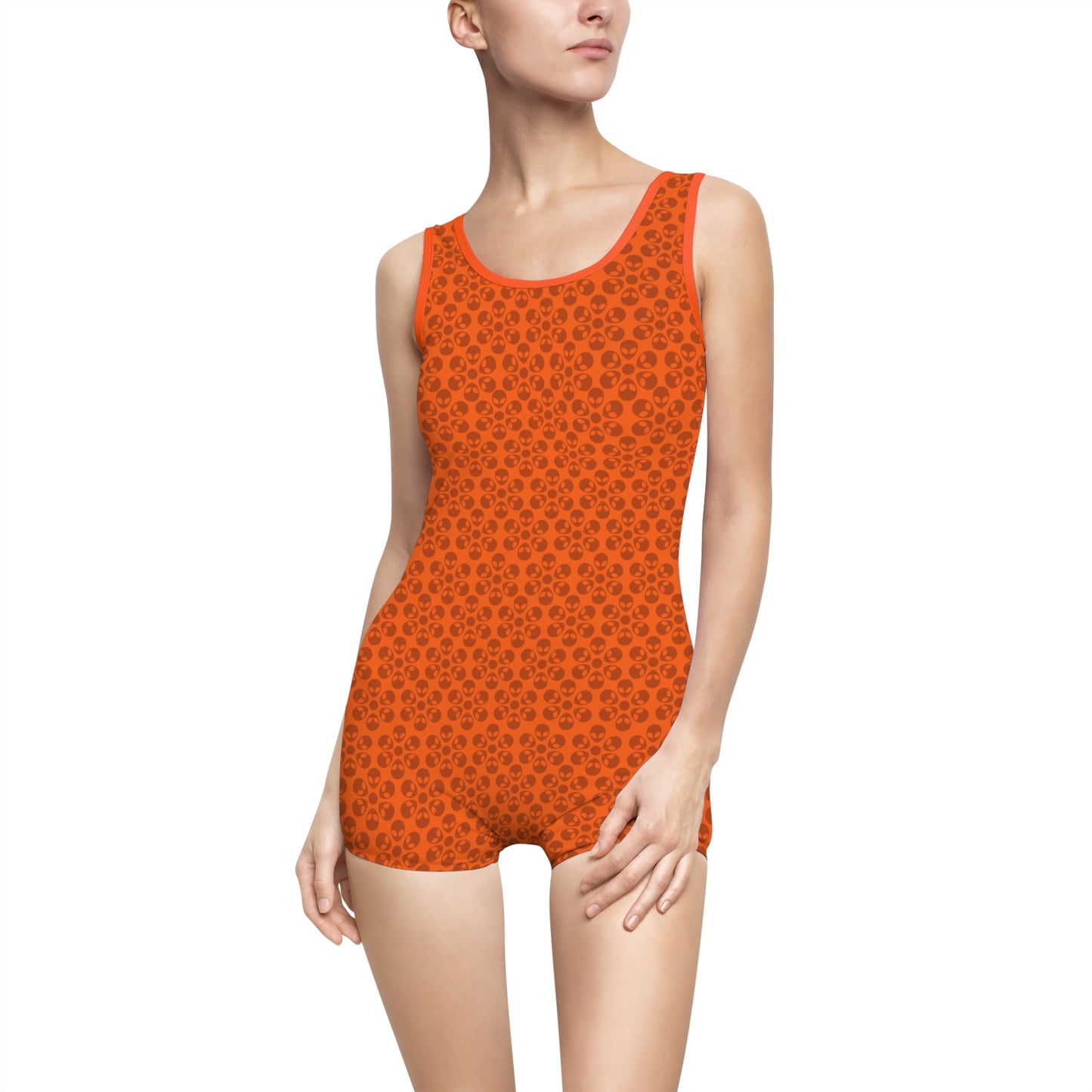 Womens Vintage Swimsuit  Alien Flowers Orange