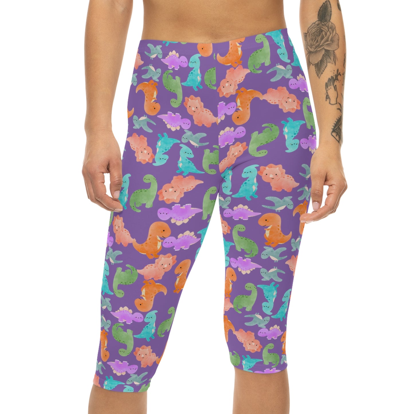 Women’s Capri Leggings  Rainbow Dinos Light Purple