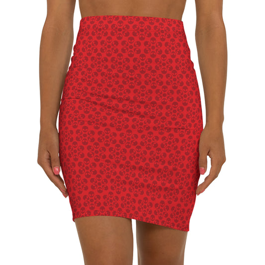 Womens MidWaist Pencil Skirt  Alien Flowers Red