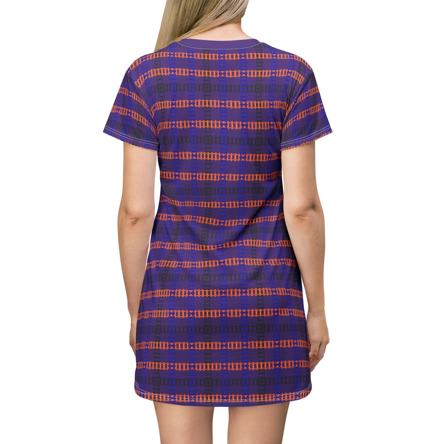 Vibrant Checkered TShirt Dress Casual Summer Dress Boho Fashion Everyday Wear Relaxed Fit Dress Colorful Outfit Train Tracks Purple