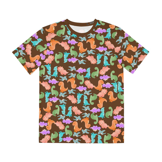 Colorful Dino Tee  Fun Playful Shirt for Ocean Lovers Casual Wear Summer Outfits Beach Activities Gifts for Him Rainbow Dinos Brown