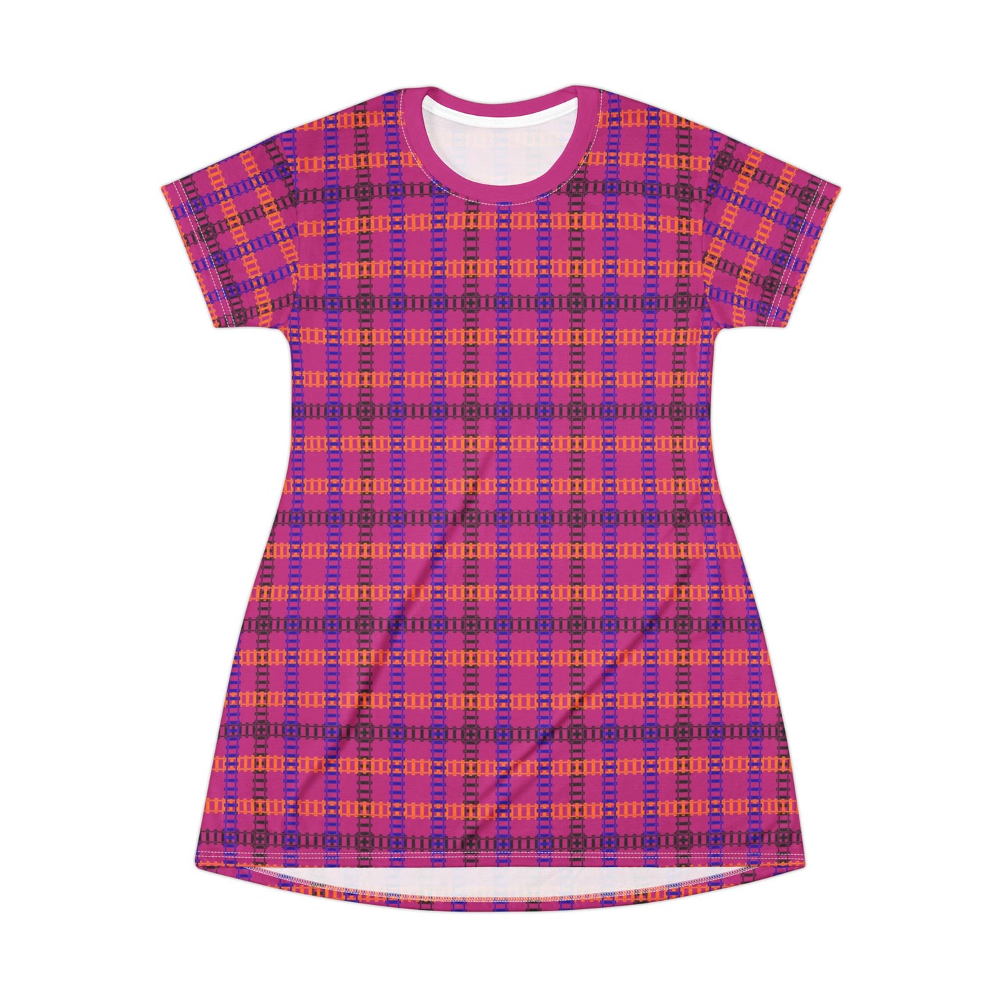 Vibrant Checkered TShirt Dress Casual Summer Dress Boho Fashion Everyday Wear Relaxed Fit Dress Colorful Outfit Train Tracks Pink