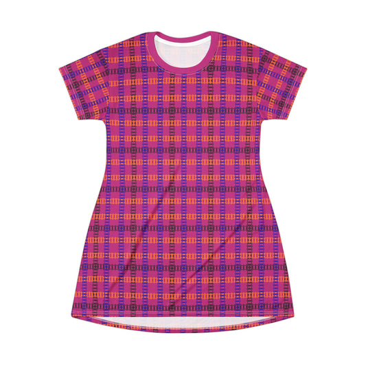 Vibrant Checkered TShirt Dress Casual Summer Dress Boho Fashion Everyday Wear Relaxed Fit Dress Colorful Outfit Train Tracks Pink