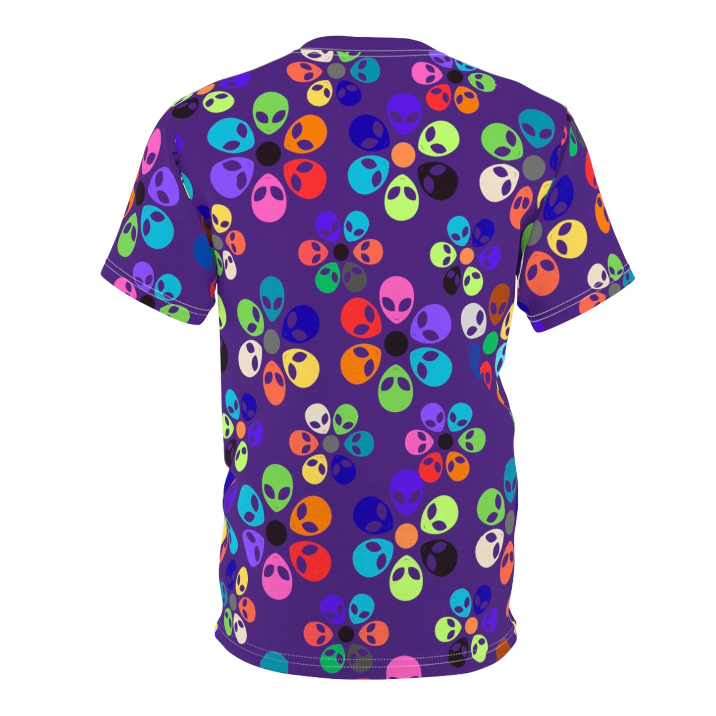 Colorful Alien Print Unisex TShirt Fun Graphic Tee Quirky Fashion Wear Gift for SciFi Lovers Trendy Casual Style Summer Apparel Alien Rainbow Flowers Purple