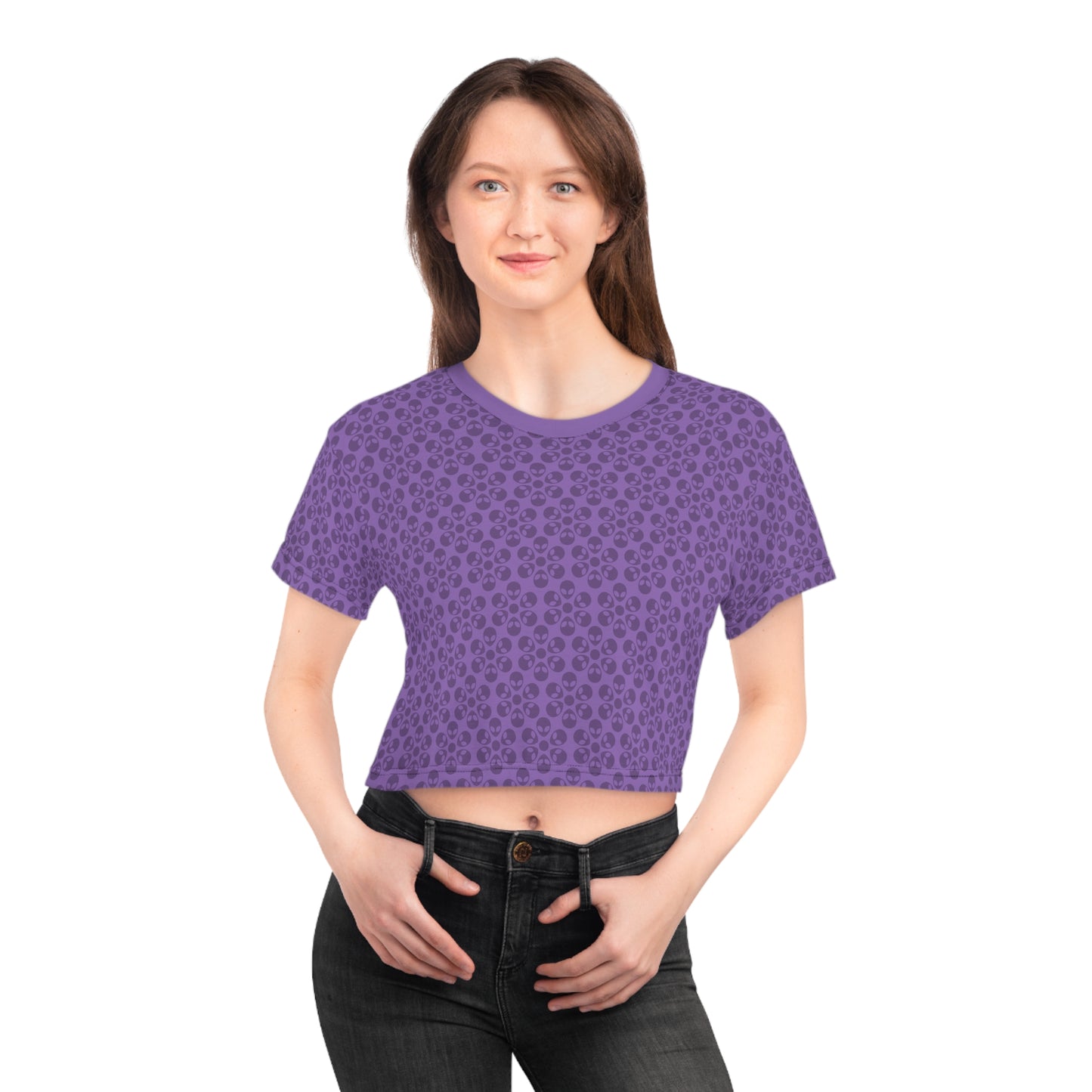 Feminine Floral Crop Tee Trendy Summer Top Aesthetic Graphic Shirt Casual Outfit Unique Gift for Her Vintage Style Tee Alien Flowers Light Purple