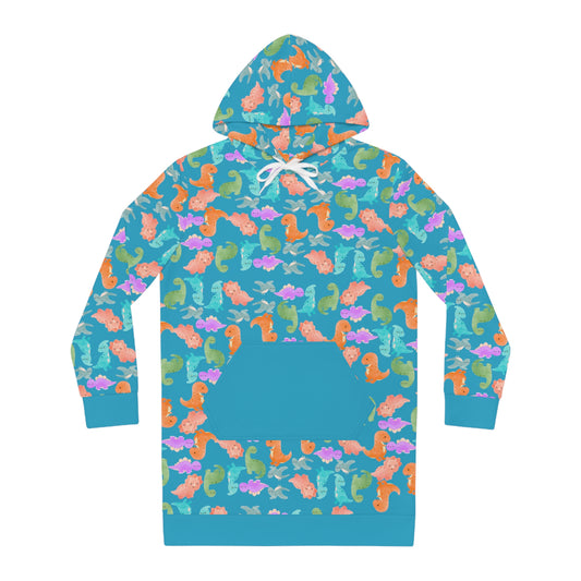 Womens Hoodie Dress Rainbow Dinos Turquoise