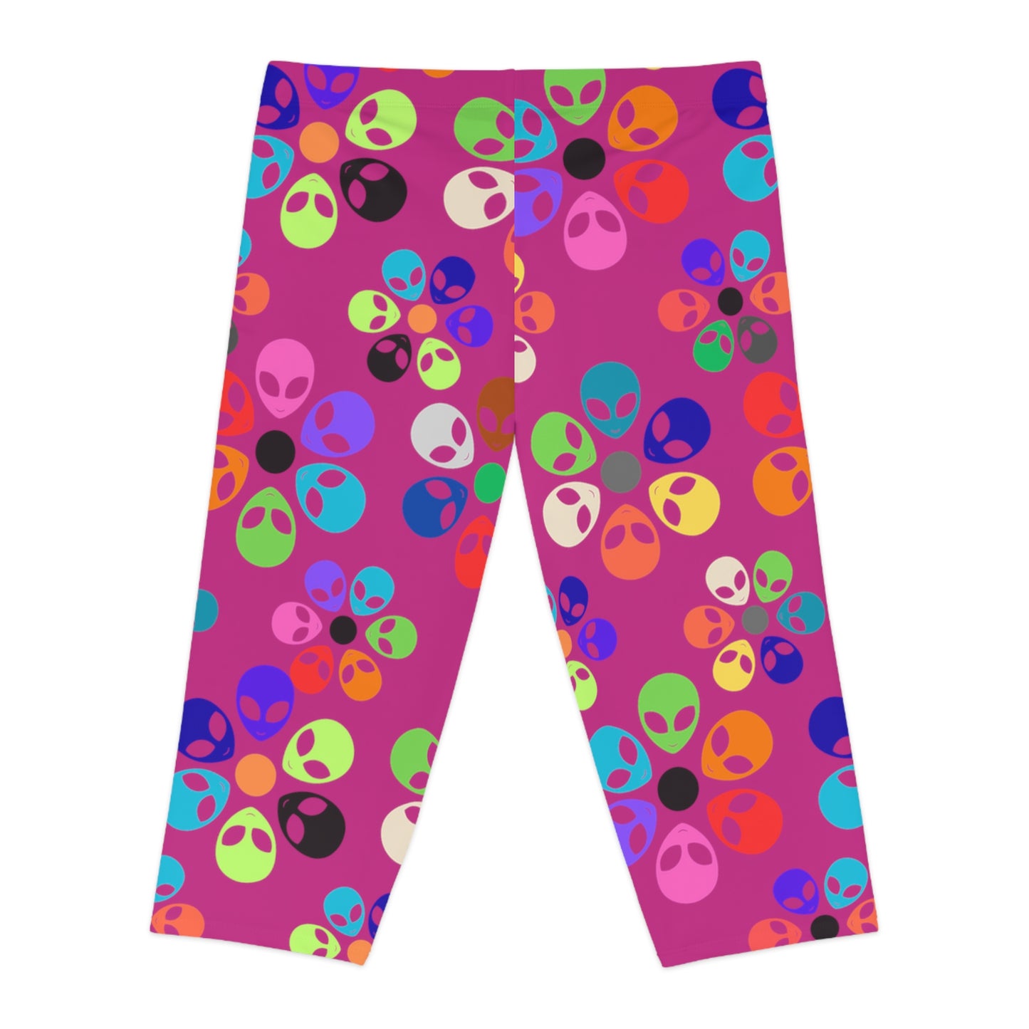 Colorful Alien Floral Capri Leggings Fun Fitness Pants Yoga Wear Unique Beachwear Festival Style Casual Summer Outfit Alien Rainbow Flowers Pink