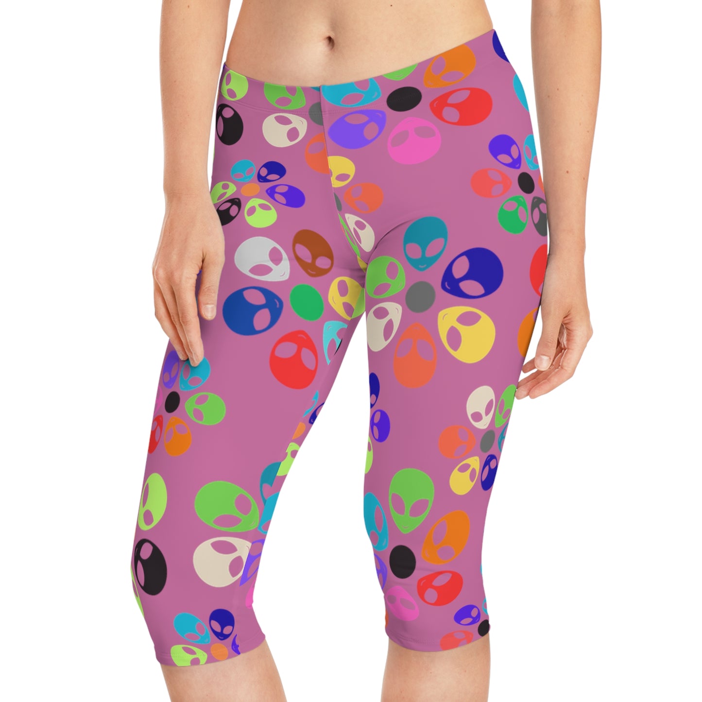Colorful Alien Floral Capri Leggings Fun Fitness Pants Yoga Wear Unique Beachwear Festival Style Casual Summer Outfit Alien Rainbow Flowers Light Pink