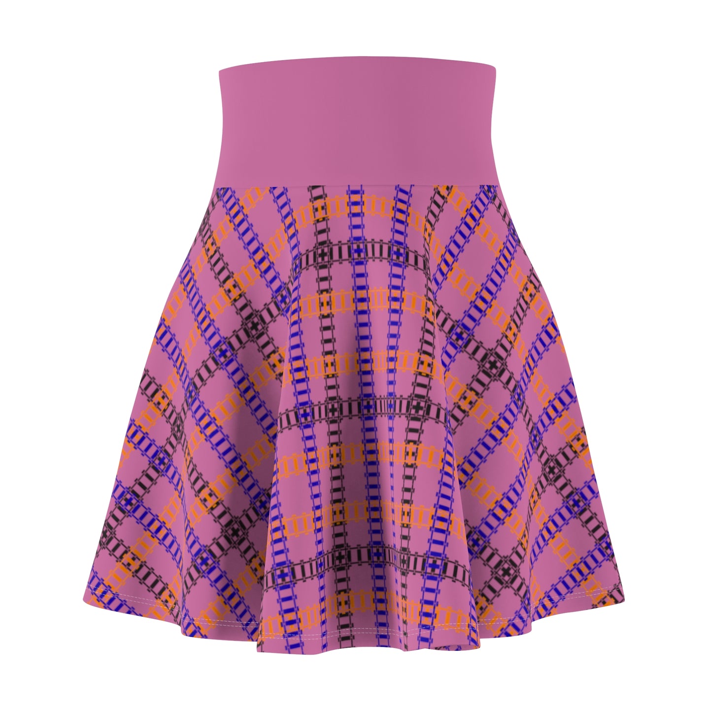Stylish Womens Plaid Skater Skirt Trendy AOP Skirt Casual Everyday Wear Festive Outfit Summer Fashion 90s Vintage Inspired Train Tracks Light Pink
