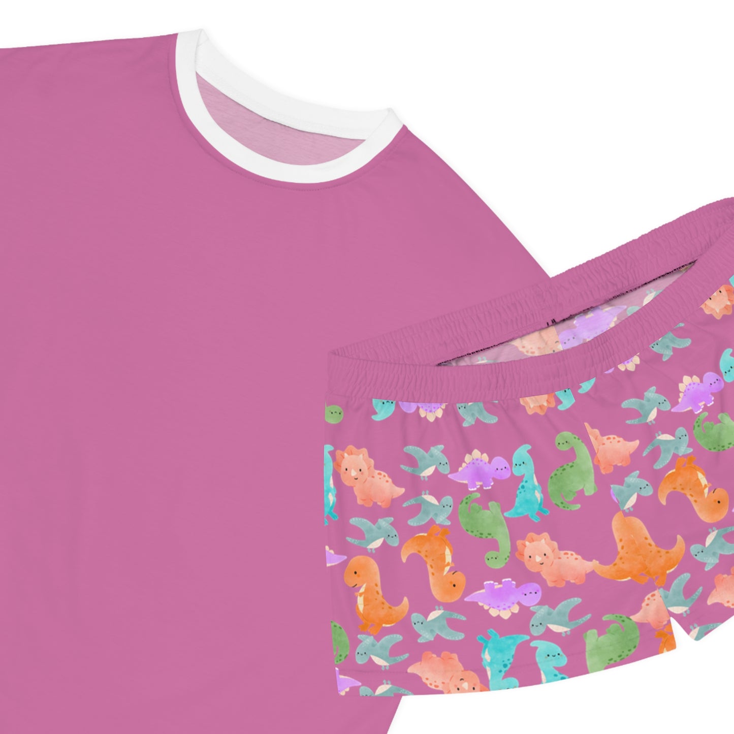 Womens Dinosaur Print Pajama Set Cozy Sleepwear Perfect for Relaxation Gift for Her Cute Loungewear Summer Nights Dinosaur Lovers Rainbow Dinos Light Pink