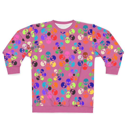 Colorful Alien Graphic Unisex Sweatshirt Fun and Quirky Sweater for Casual Wear Gift for SciFi Lovers Unisex Fashion Trendy Streetwear Alien Rainbow Flowers Light Pink