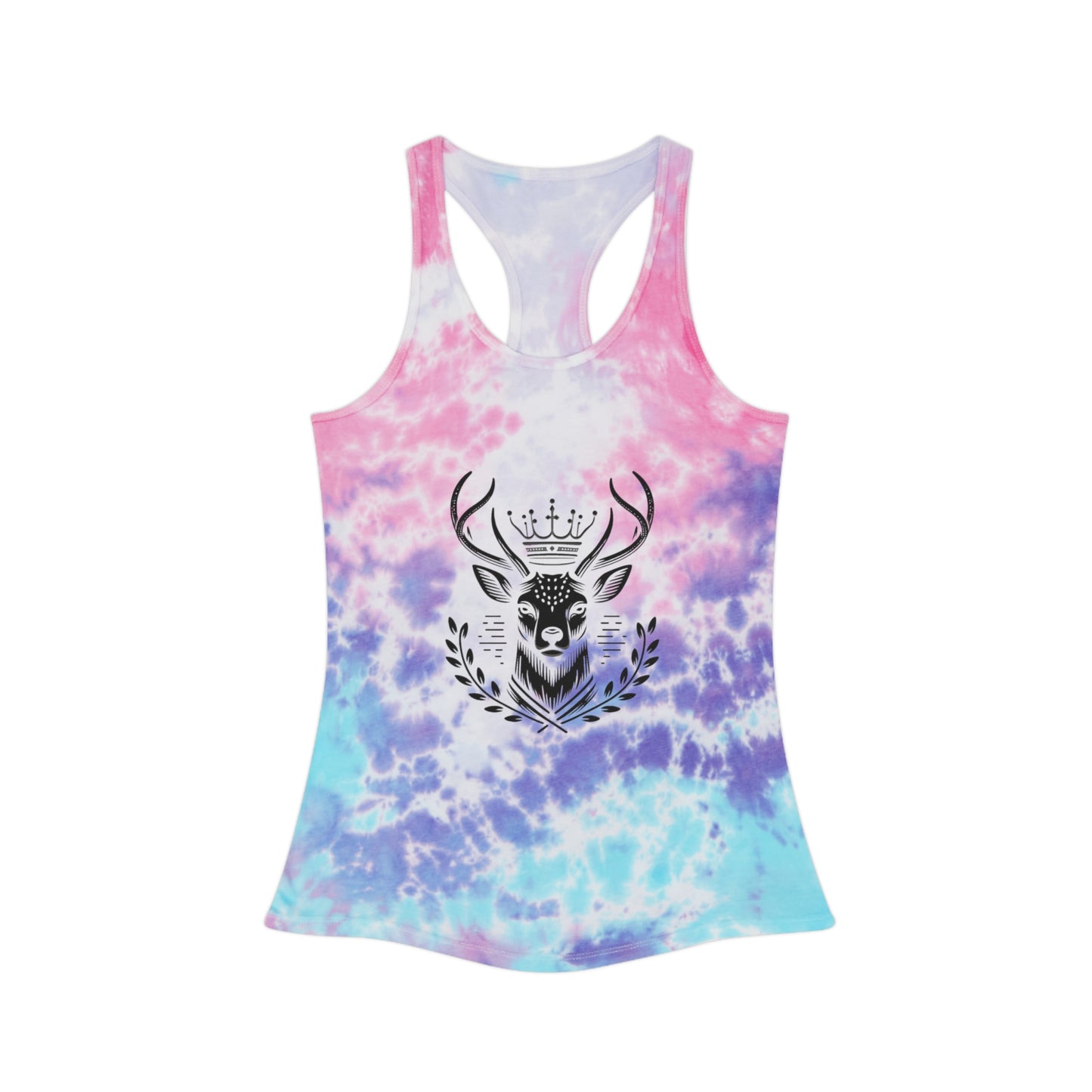 Boho Tie Dye Racerback Tank Top with Crowned Deer Design - Oh Deer Lord