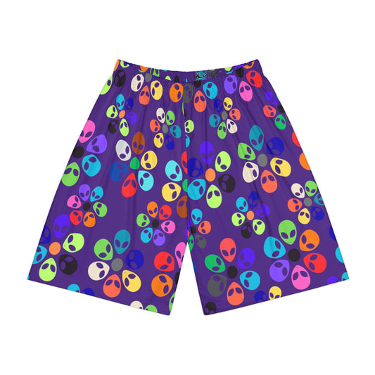 Colorful Alien Print Mens Sports Shorts Fun Workout Gear Casual Summer Shorts Gift for SciFi Fans Vibrant Athletic Wear Alien Rainbow Flowers Purple