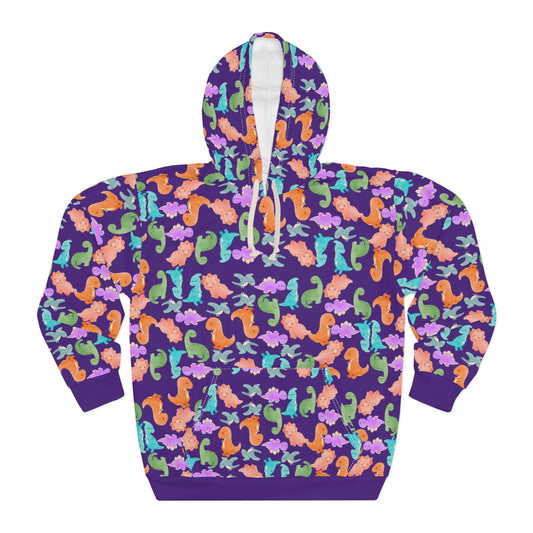 Colorful Dino Unisex Pullover Hoodie Cozy Beach Vibe Sweatshirt Gift for Ocean Lovers Fun Casual Wear Homewear Rainbow Dinos Purple