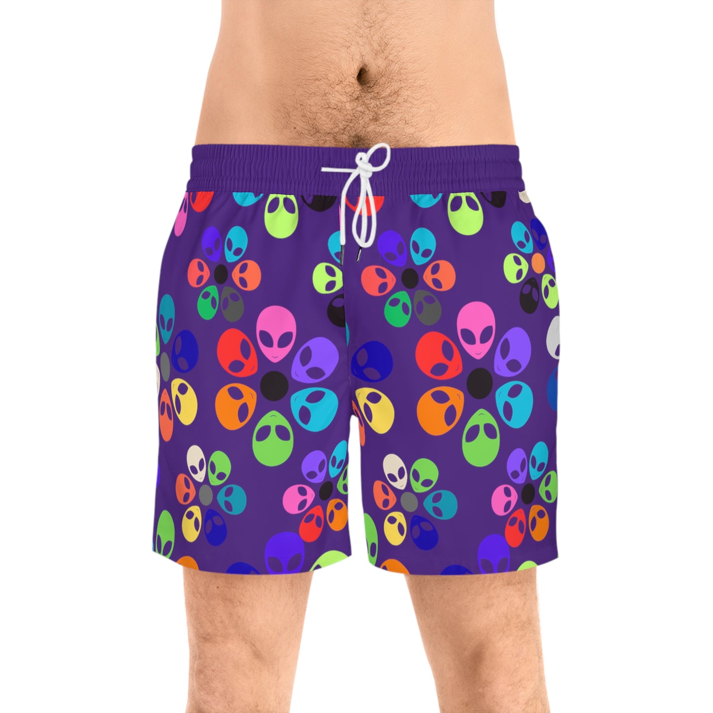 Colorful Alien Print Swim Shorts for Fun Summer Vibes Beachwear Pool Party Attire Vacation Essentials Mens Swimwear Alien Rainbow Flowers Purple