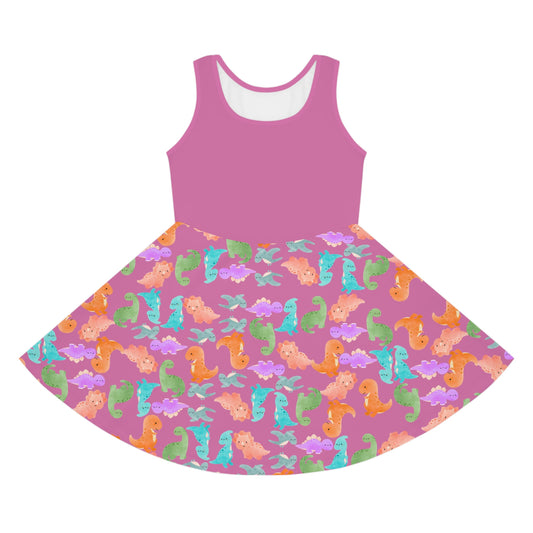 Colorful Dino Print Girls Sleeveless Sundress Summer Dress Beachwear Birthday Gift Toddler Outfit Playful Sundress Rainbow Dinos Light Pink