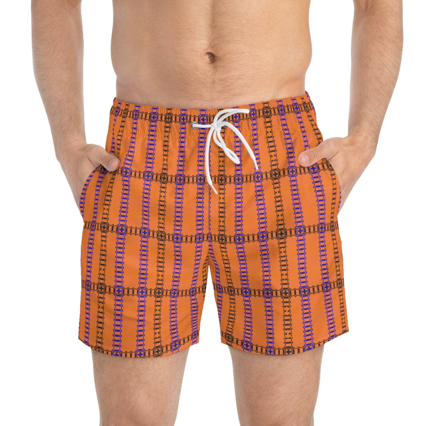 Vibrant Checkered Swim Trunks Beachwear for Summer Fun Vacation Essential Pool Party MustHave Mens Swim Shorts Train Tracks Crusta